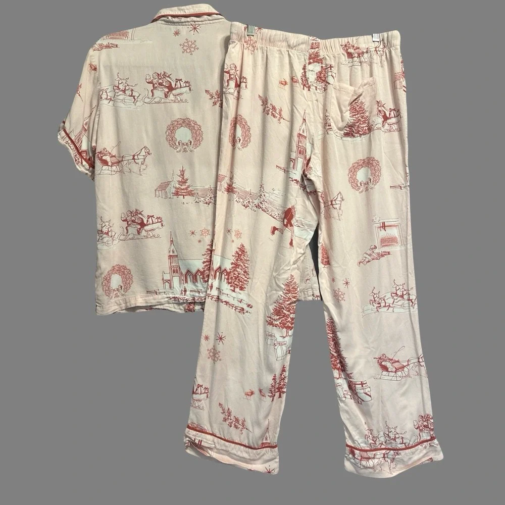 Katie Kime Holiday Toile 2 Piece Pajamas Pant Set Size S Pink Christmas PJs